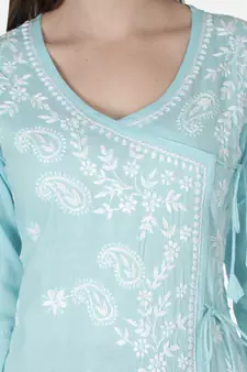 Hand Embroidered Blue Cotton Lucknowi Chikankari Angarkha Kurti