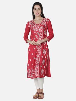 Hand Embroidered Red Cotton Lucknowi Chikankari Angarkha Kurti 1