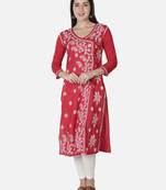 Hand Embroidered Red Cotton Lucknowi Chikankari Angarkha Kurti