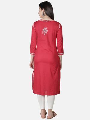 Hand Embroidered Red Cotton Lucknowi Chikankari Angarkha Kurti 2