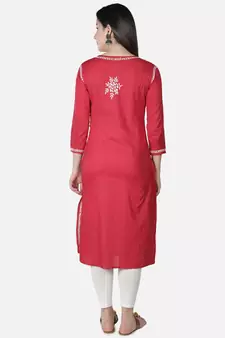 Hand Embroidered Red Cotton Lucknowi Chikankari Angarkha Kurti