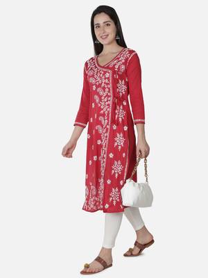 Hand Embroidered Red Cotton Lucknowi Chikankari Angarkha Kurti 3