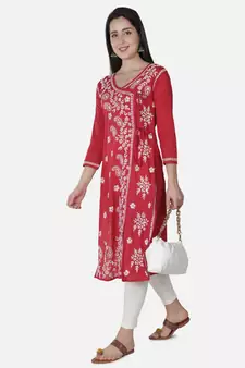 Hand Embroidered Red Cotton Lucknowi Chikankari Angarkha Kurti