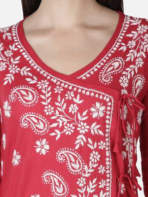 Hand Embroidered Red Cotton Lucknowi Chikankari Angarkha Kurti 4
