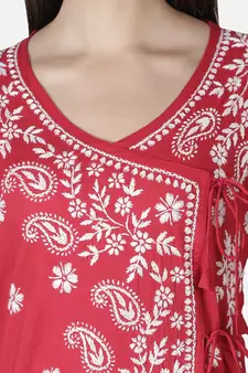 Hand Embroidered Red Cotton Lucknowi Chikankari Angarkha Kurti