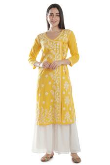 Seva Chikan Hand Embroidered Yellow Cotton Lucknowi Chikankari Angarkha Kurti