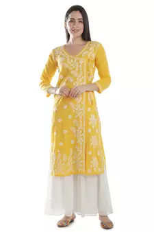 Seva Chikan Hand Embroidered Yellow Cotton Lucknowi Chikankari Angarkha Kurti