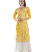 Seva Chikan Hand Embroidered Yellow Cotton Lucknowi Chikankari Angarkha Kurti