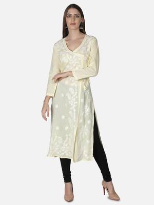 Hand Embroidered Light Lemon Cotton Lucknowi Chikankari Angarkha Kurti 1