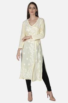 Hand Embroidered Light Lemon Cotton Lucknowi Chikankari Angarkha Kurti