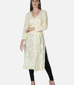 Hand Embroidered Light Lemon Cotton Lucknowi Chikankari Angarkha Kurti