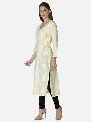 Hand Embroidered Light Lemon Cotton Lucknowi Chikankari Angarkha Kurti 3