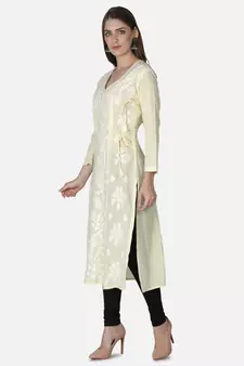 Hand Embroidered Light Lemon Cotton Lucknowi Chikankari Angarkha Kurti