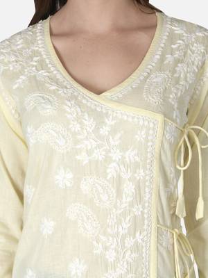 Hand Embroidered Light Lemon Cotton Lucknowi Chikankari Angarkha Kurti 4