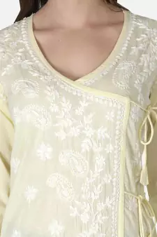 Hand Embroidered Light Lemon Cotton Lucknowi Chikankari Angarkha Kurti