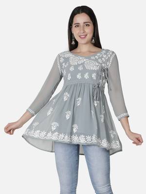 Hand Embroidered Grey Faux Georgette Chikankari Top With Slip 1