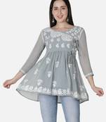 Hand Embroidered Grey Faux Georgette Chikankari Top With Slip