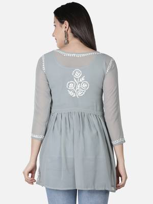 Hand Embroidered Grey Faux Georgette Chikankari Top With Slip 2