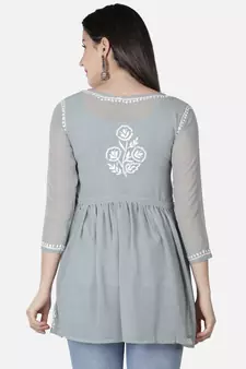 Hand Embroidered Grey Faux Georgette Chikankari Top With Slip