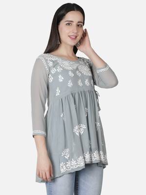 Hand Embroidered Grey Faux Georgette Chikankari Top With Slip 3