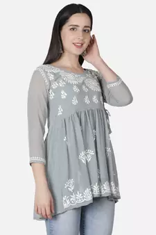 Hand Embroidered Grey Faux Georgette Chikankari Top With Slip