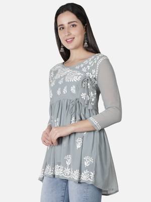 Hand Embroidered Grey Faux Georgette Chikankari Top With Slip 4