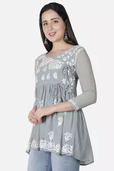 Hand Embroidered Grey Faux Georgette Chikankari Top With Slip