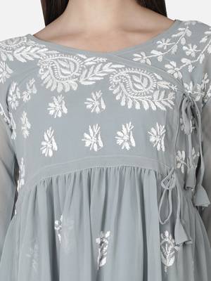 Hand Embroidered Grey Faux Georgette Chikankari Top With Slip 5