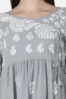 Hand Embroidered Grey Faux Georgette Chikankari Top With Slip