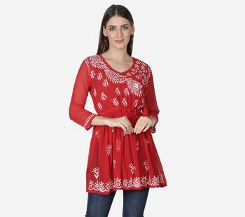 Hand Embroidered Red Faux Georgette Chikankari Top With Slip 1