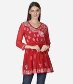 Hand Embroidered Red Faux Georgette Chikankari Top With Slip