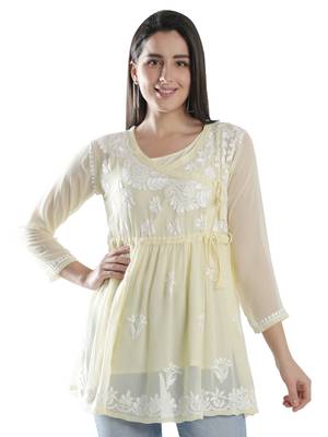 Seva Chikan Hand Embroidered Beige Faux Georgette Chikankari Top With Slip 1