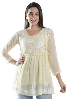 Seva Chikan Hand Embroidered Beige Faux Georgette Chikankari Top With Slip