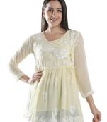 Seva Chikan Hand Embroidered Beige Faux Georgette Chikankari Top With Slip