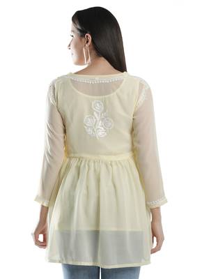 Seva Chikan Hand Embroidered Beige Faux Georgette Chikankari Top With Slip 2