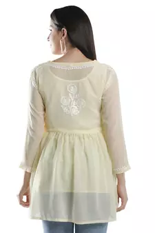 Seva Chikan Hand Embroidered Beige Faux Georgette Chikankari Top With Slip