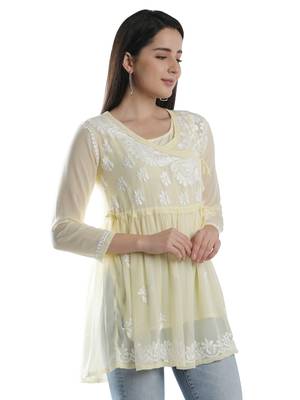 Seva Chikan Hand Embroidered Beige Faux Georgette Chikankari Top With Slip 3
