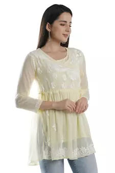 Seva Chikan Hand Embroidered Beige Faux Georgette Chikankari Top With Slip