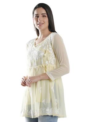 Seva Chikan Hand Embroidered Beige Faux Georgette Chikankari Top With Slip 4