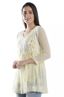 Seva Chikan Hand Embroidered Beige Faux Georgette Chikankari Top With Slip