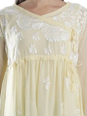Seva Chikan Hand Embroidered Beige Faux Georgette Chikankari Top With Slip 5