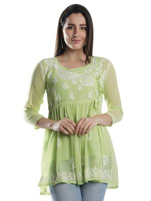 Hand Embroidered Green Faux Georgette Chikankari Top With Slip 1