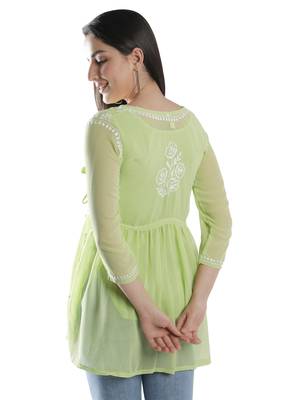 Hand Embroidered Green Faux Georgette Chikankari Top With Slip 2