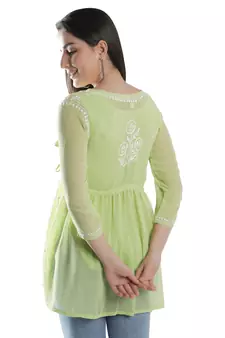 Hand Embroidered Green Faux Georgette Chikankari Top With Slip