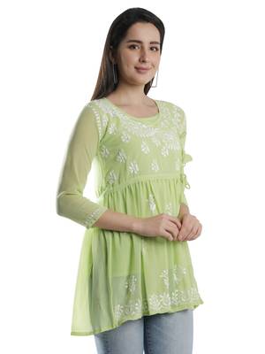 Hand Embroidered Green Faux Georgette Chikankari Top With Slip 3
