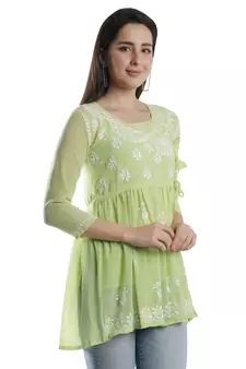 Hand Embroidered Green Faux Georgette Chikankari Top With Slip