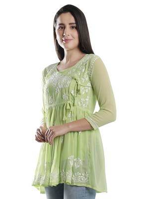Hand Embroidered Green Faux Georgette Chikankari Top With Slip 4
