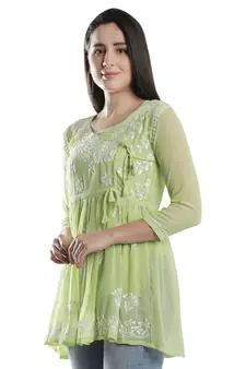 Hand Embroidered Green Faux Georgette Chikankari Top With Slip