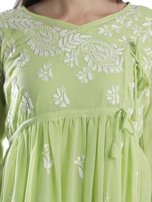 Hand Embroidered Green Faux Georgette Chikankari Top With Slip 5