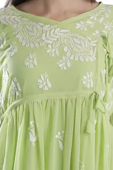 Hand Embroidered Green Faux Georgette Chikankari Top With Slip